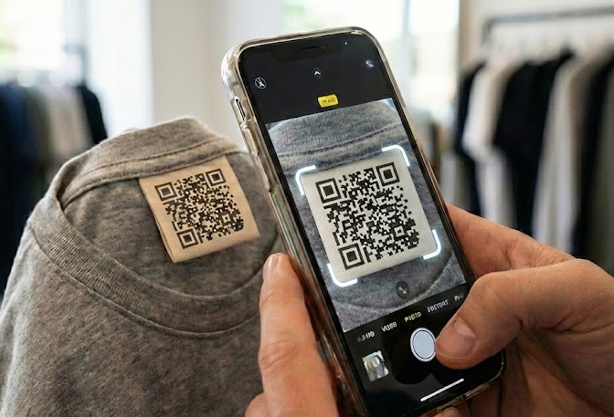 Customer scanning QR code on clothing tag with smartphone to view digital product passport